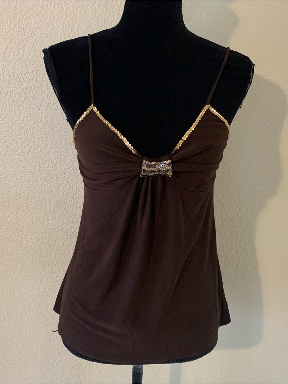 ICON Brown Spaghetti-Strap Tank with Gold Sequin Trim